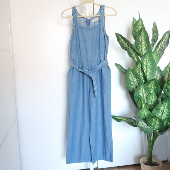 Madewell Blue Cotton Linen Chambray Muralist Wide Leg Jumpsuit with Belt Size 0 - Picture 9 of 16